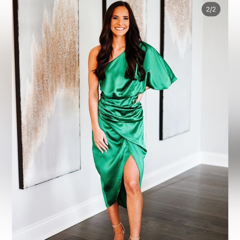 Emerald Green One Shoulder Silk Dress | Green Dress | Wedding Guest Dress - Picture 2 of 10